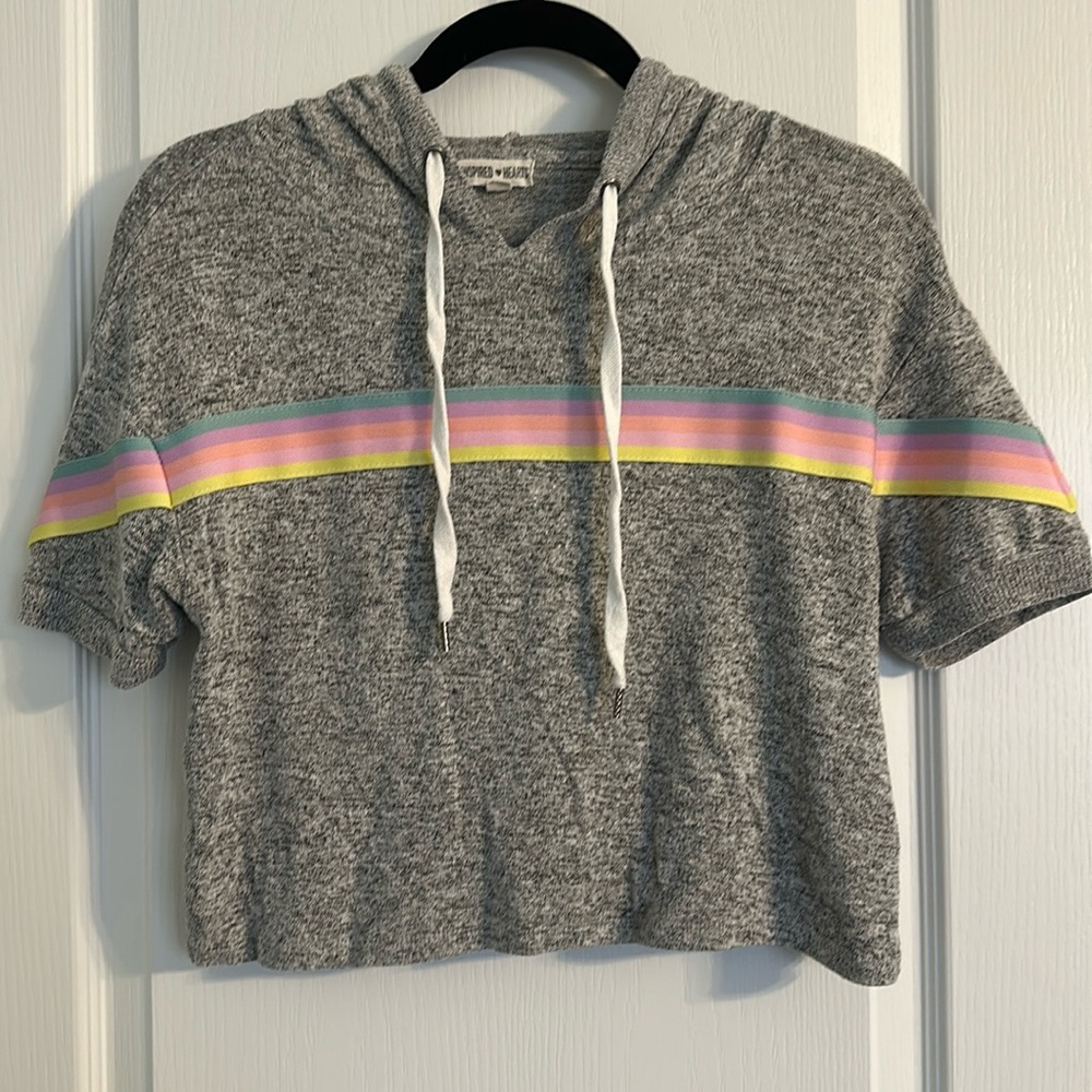 Inspired Hearts Gray Cropped Hoodie with Rainbow Stripes